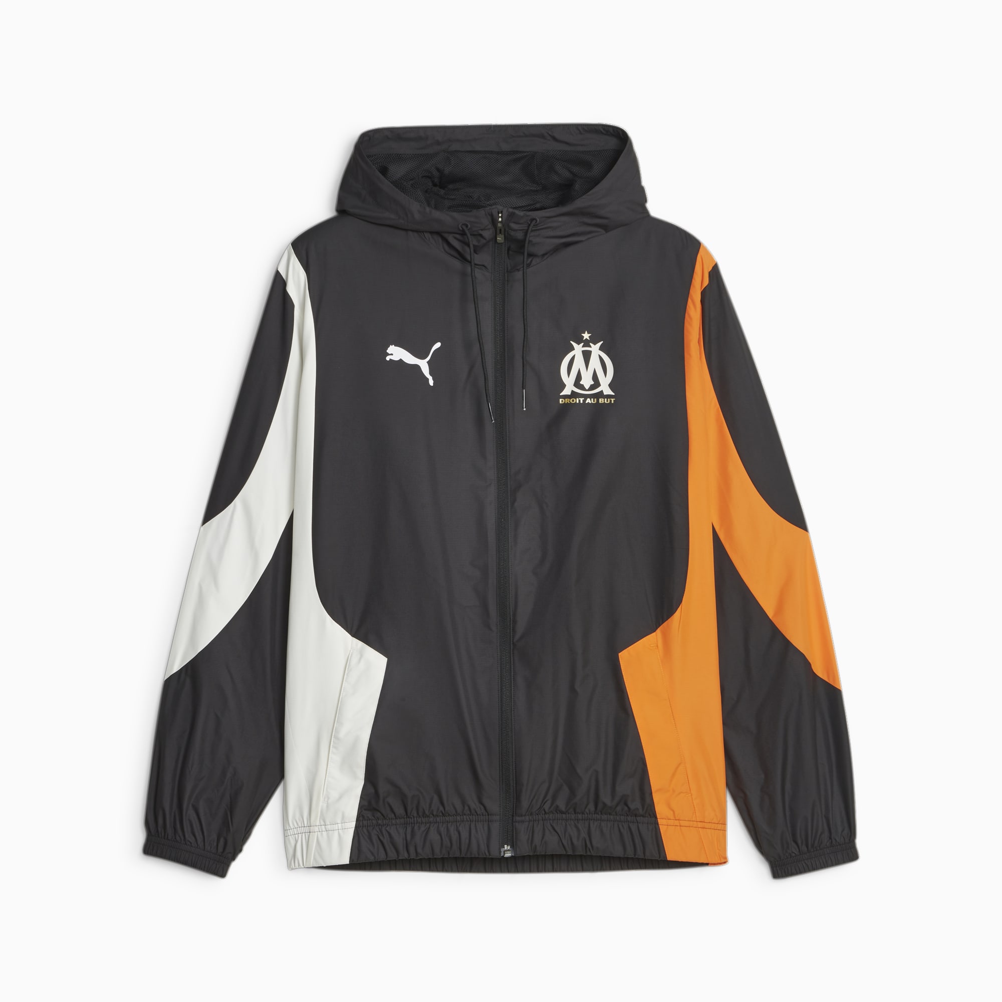 Men's PUMA Olympique De Marseille Prematch Football Jacket, Black/Flat Dark Grey/Rickie Orange, Size L, Clothing