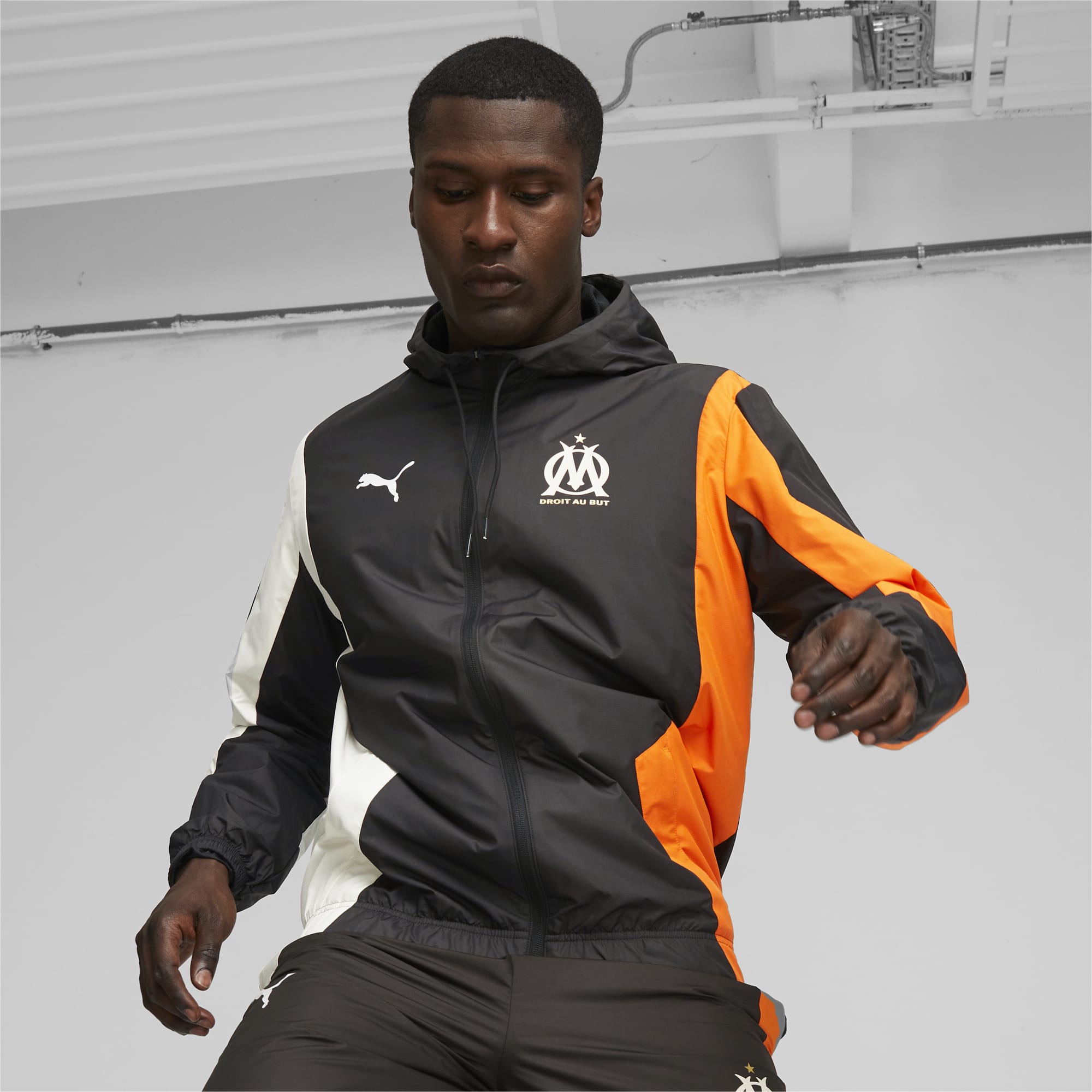 Men's PUMA Olympique De Marseille Prematch Football Jacket, Black/Flat Dark Grey/Rickie Orange, Size S, Clothing