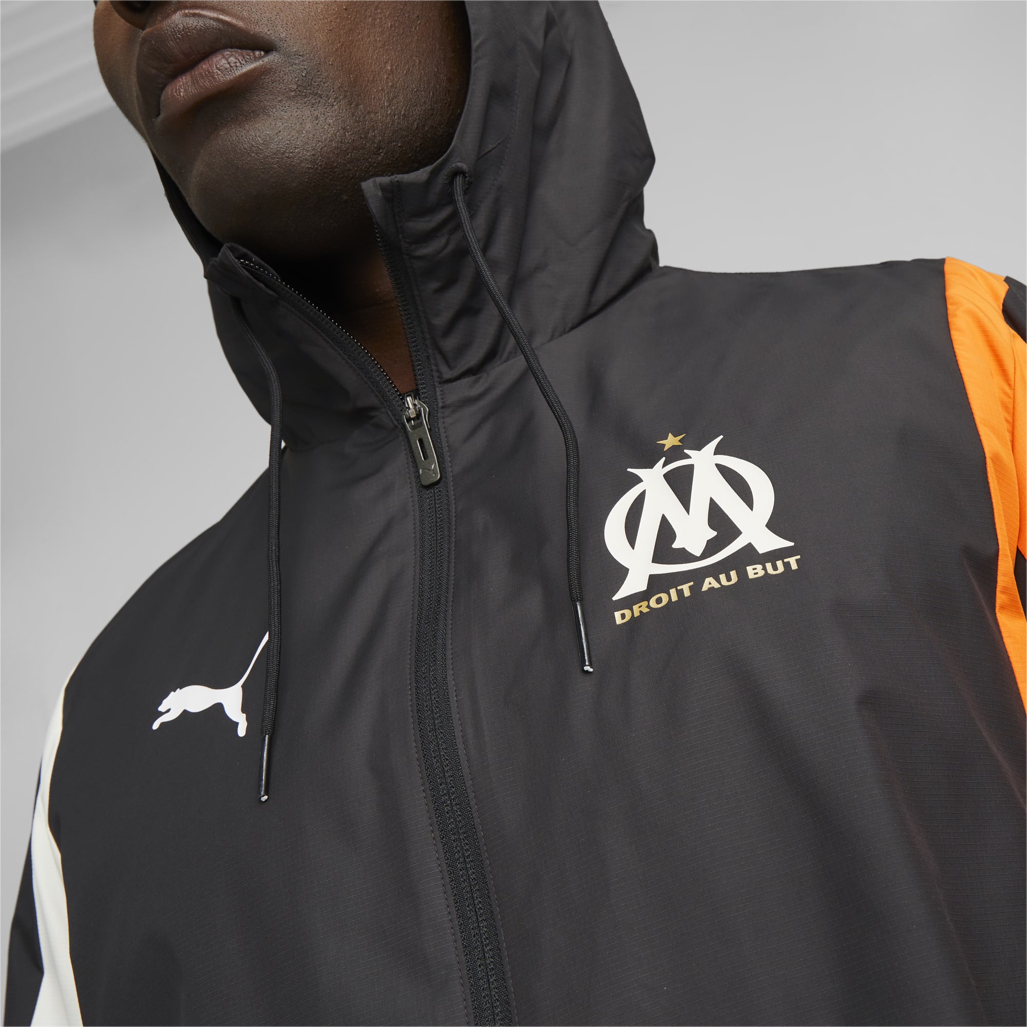 Men's PUMA Olympique De Marseille Prematch Football Jacket, Black/Flat Dark Grey/Rickie Orange, Size XS, Clothing