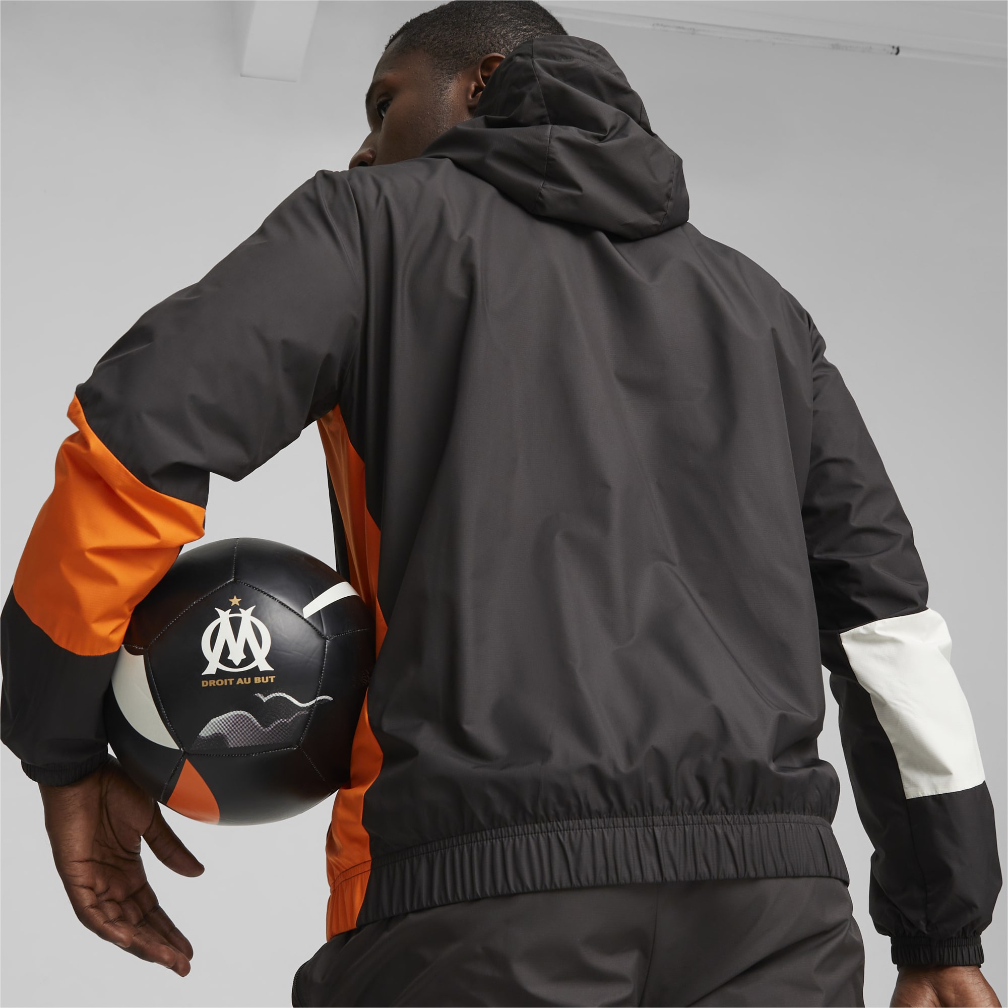 Men's PUMA Olympique De Marseille Prematch Football Jacket, Black/Flat Dark Grey/Rickie Orange, Size XL, Clothing