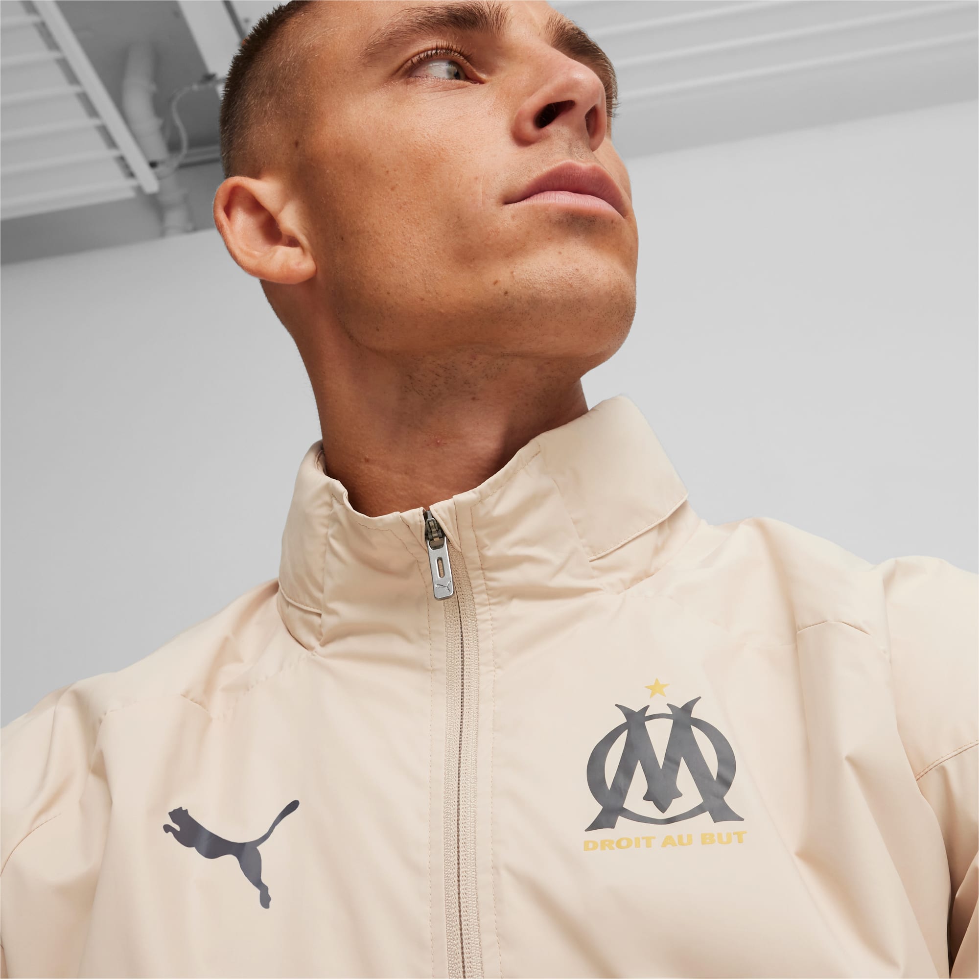 Men's PUMA Olympique De Marseille Football All-Weather Jacket, Granola/Sand Dune, Size M, Clothing