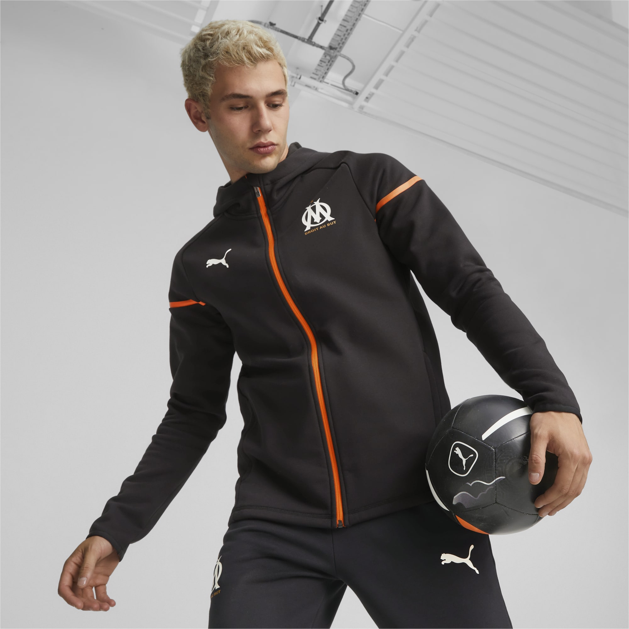 Men's PUMA Olympique De Marseille Football Casuals Hooded Jacket, Black/Rickie Orange