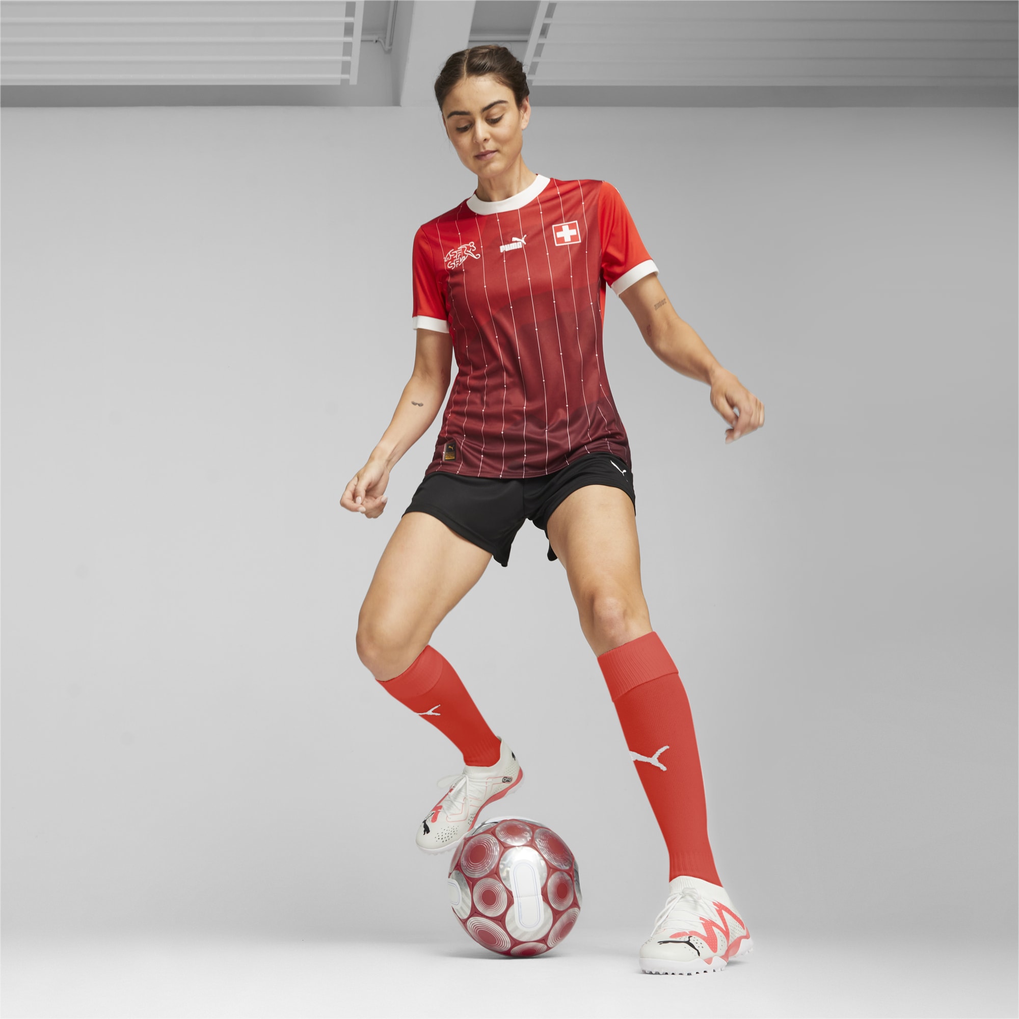 PUMA Switzerland 23/24 Women's World Cup Home Jersey, Red/White, Size S, Clothing