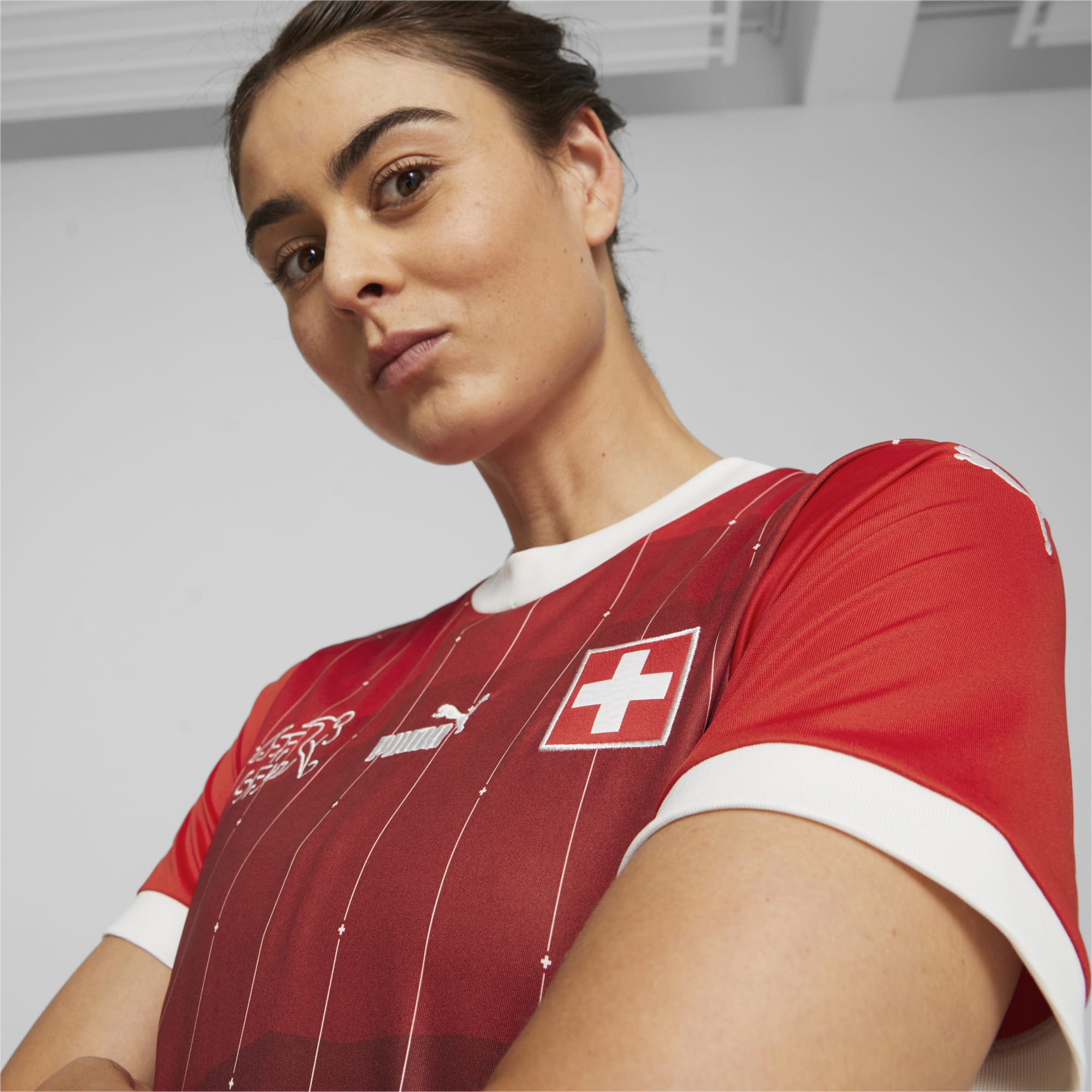 PUMA Switzerland 23/24 Women's World Cup Home Jersey, Red/White, Size S, Clothing