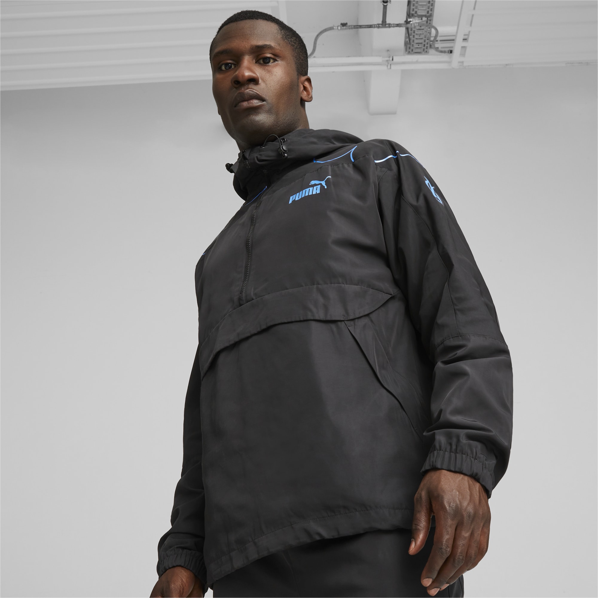 PUMA Olympique De Marseille Ftblstatement Hooded Jacket, Black/Light Aqua, Size M, Clothing