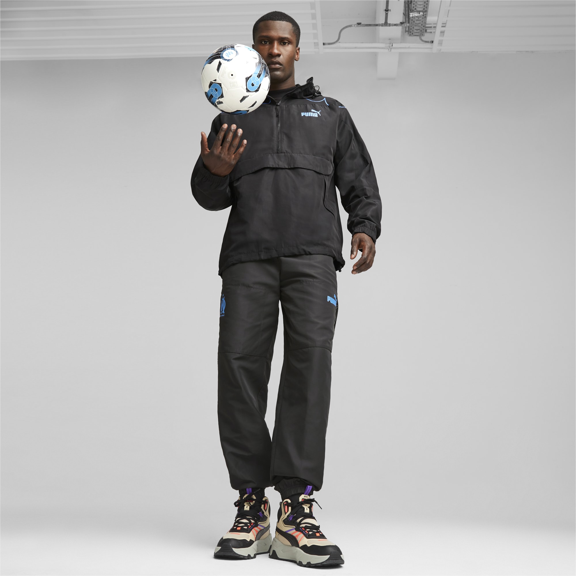 PUMA Olympique De Marseille Ftblstatement Hooded Jacket, Black/Light Aqua, Size M, Clothing