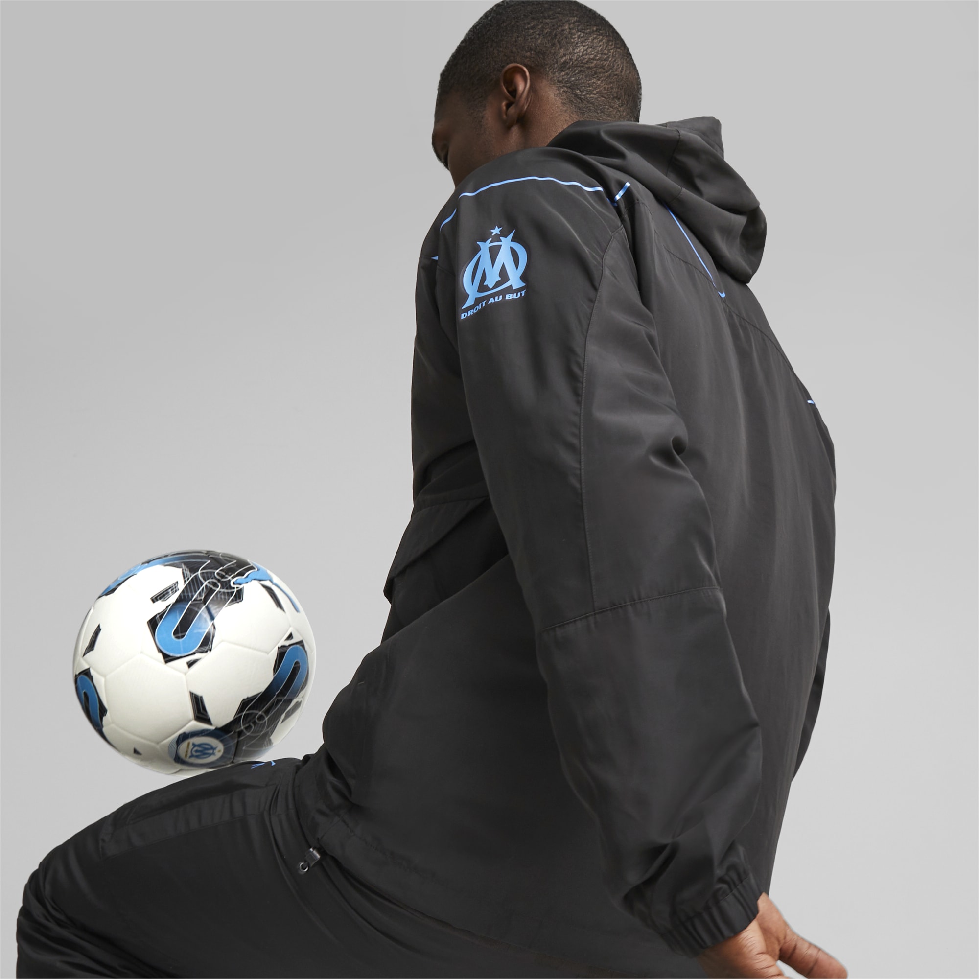 PUMA Olympique De Marseille Ftblstatement Hooded Jacket, Black/Light Aqua, Size XL, Clothing