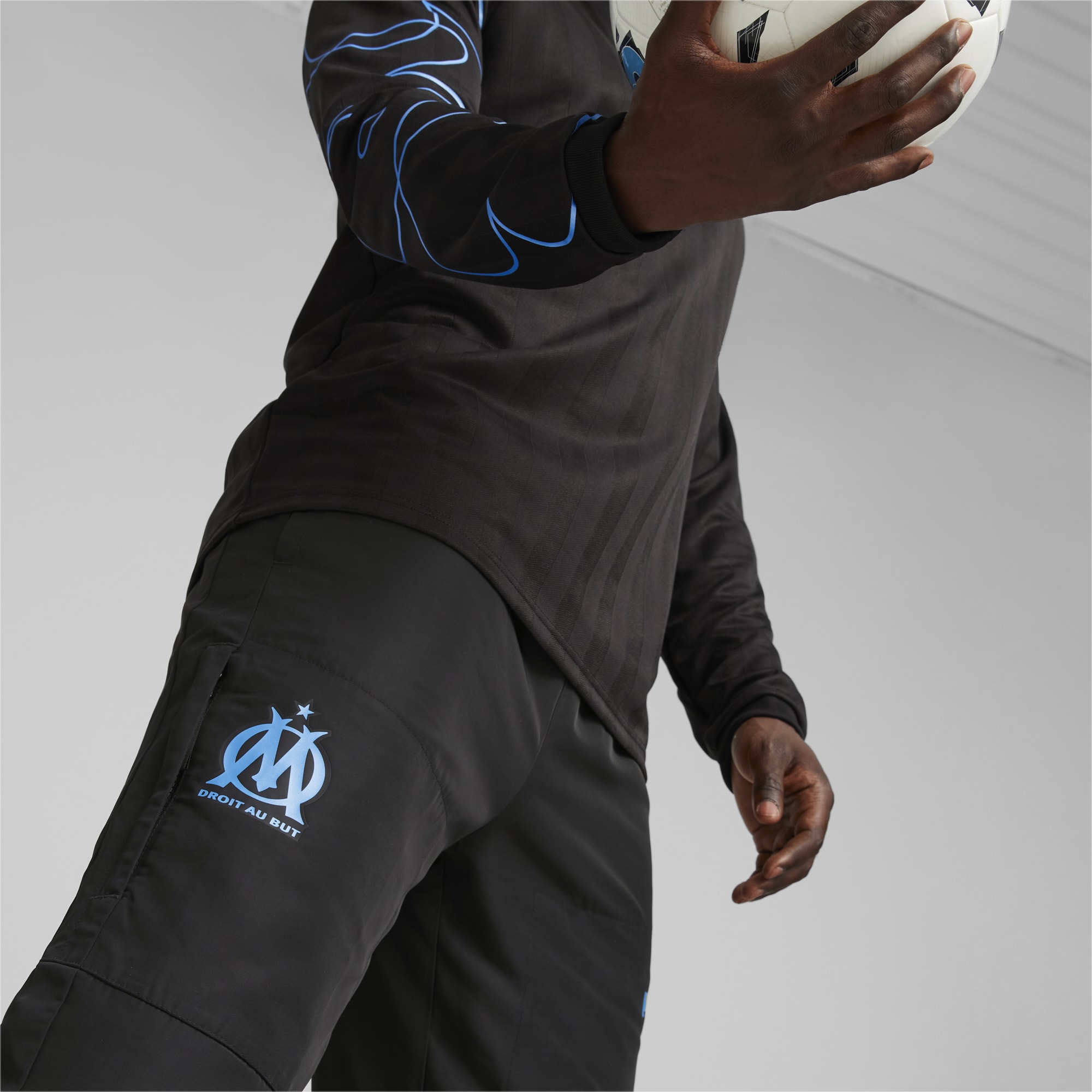 PUMA Olympique De Marseille Ftblstatement Track Pants, Black/Light Aqua, Size M, Clothing