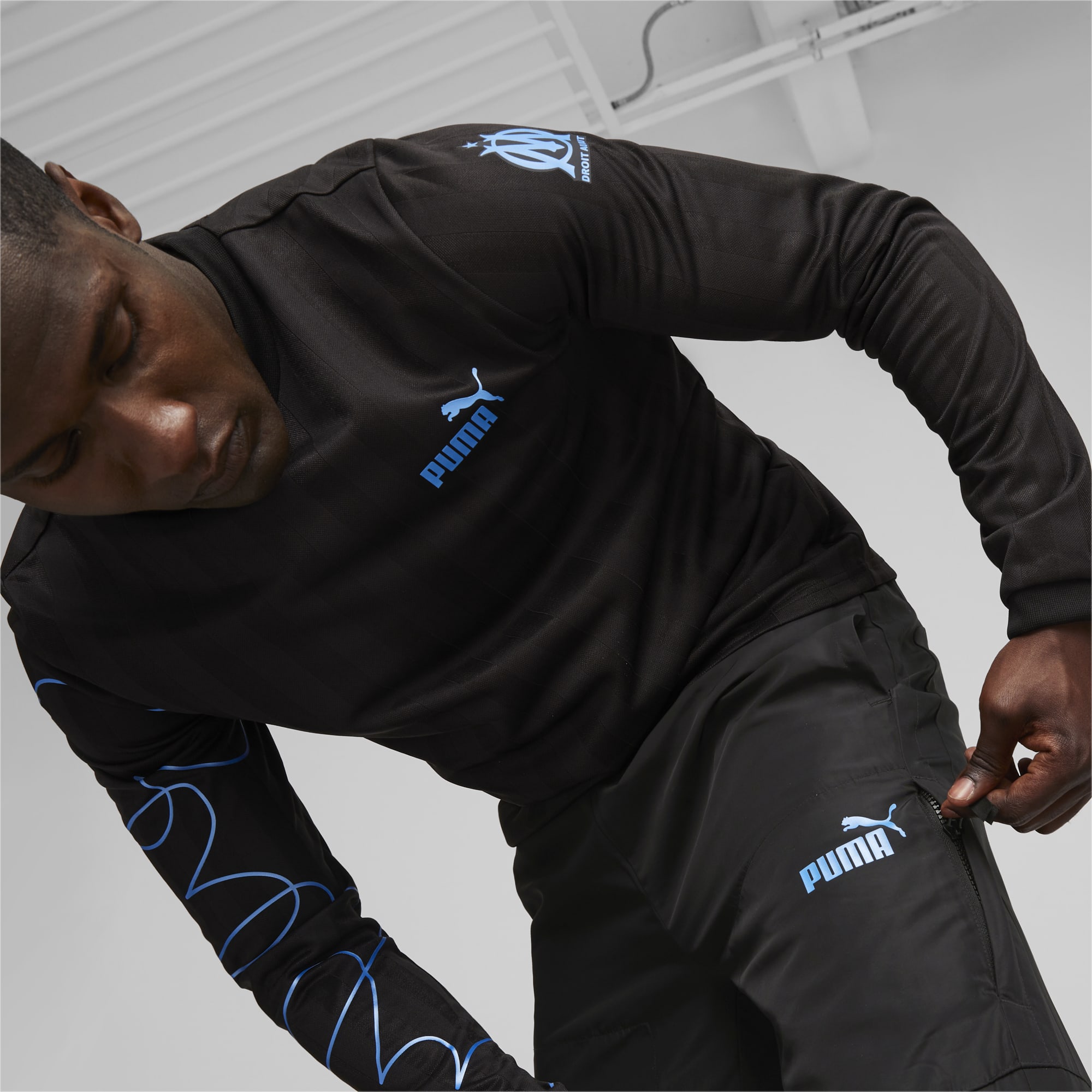 PUMA Olympique De Marseille Ftblstatement Track Pants, Black/Light Aqua