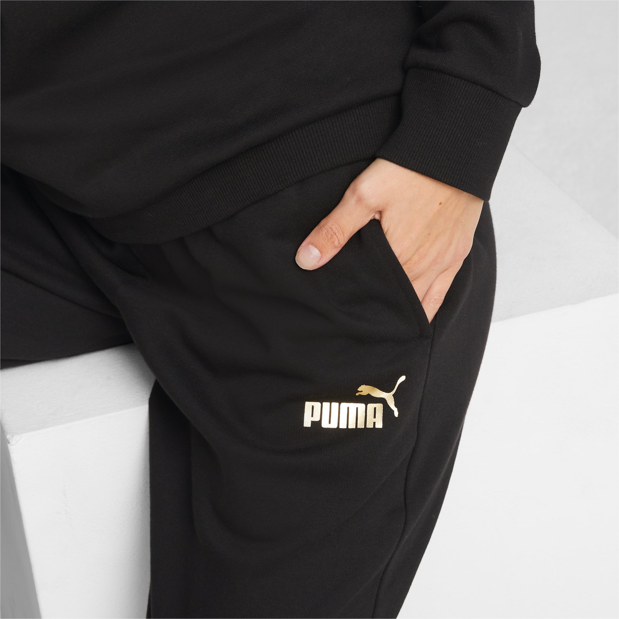 PUMA Pantalones Metalizados Para Mujer Essentials+, Oro/Negro