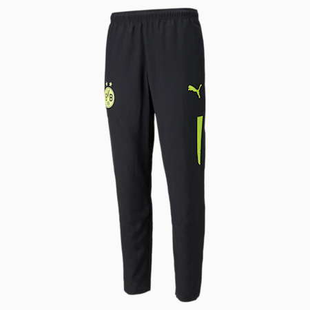 BVB Prematch Men's Football Woven Pants, Puma Black-Safety Yellow, small