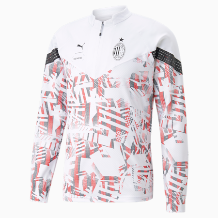Camiseta de fútbol profesional AC Milan x NEMEN Quarter-Zip para hombre, Puma White-Tango Red, small