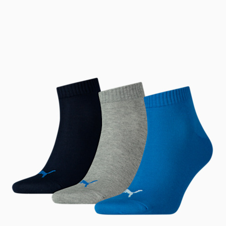 PUMA Unisex Quarter Plain Socks 3 Pack, blue / grey melange, small