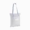 Sac fourre-tout PUMA gris clair avec anses bleu clair, poche zippée et logo blanc.
