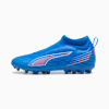 Scarpa da calcio PUMA blu, taglia bambino, con design a strisce arancioni e bianche.