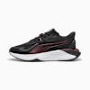Black PUMA ladies' trainer with burgundy details and a white sole.