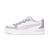 White PUMA trainer, women's, with lilac formstrip and grey accents on the heel and toe.