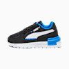 Black PUMA trainer for toddlers with white formstrip and blue accents.