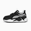 Baskets PUMA noires pour enfants avec rayures blanches et texte 'RS RUNNING SYSTEM'.