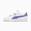 White PUMA trainer for children with lilac stripes and touch-fastening straps.