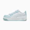 White PUMA trainer for kids, with light blue accents and lace-up fastening.