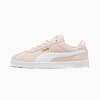 Pink PUMA trainer for women, with a white stripe and golden branding detail.