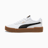 Basket PUMA blanche, femme, avec bande noire et semelle marron à crêtes.