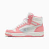 Rosa-weißer PUMA High-Top-Sneaker für Mädchen mit schillerndem Streifen und Schnürverschluss.