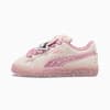 Roze PUMA Suede sneakers voor kinderen, met glitterdetails en cartoonaccenten.