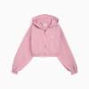 Roze PUMA dameshoodie met ritssluiting en merklogo op de borst.