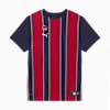Marineblau-rot gestreiftes PUMA Herren-T-Shirt mit Logos und kurzen Ärmeln.