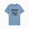 T-shirt PUMA bleu pour enfant avec un motif de chaussure et le logo.