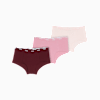 Lot de trois culottes PUMA femme, bordeaux, rose et crème, avec ceinture logotée.