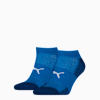Blaue PUMA Sportsocken für Erwachsene mit weißem Logo und dunkelblauer Spitze/Ferse.