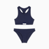 Marineblauwe PUMA zwemkleding voor dames, met sporttop en klassiek bikinibroekje.