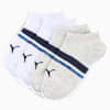 Witte en grijze PUMA sokken voor volwassenen met marineblauwe en blauwe strepen en logo.