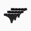 Drei schwarze PUMA Damen Strings mit Logo-Bund, einer mit Leopardenmuster.