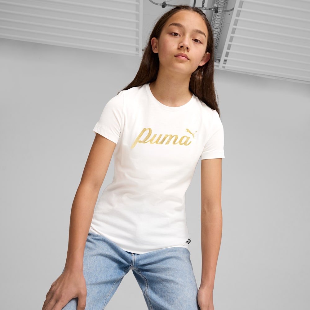 ESS+ SCRIPT Metallic Tee - Girls 8-16 years, PUMA White-Black rubber, large-NZL