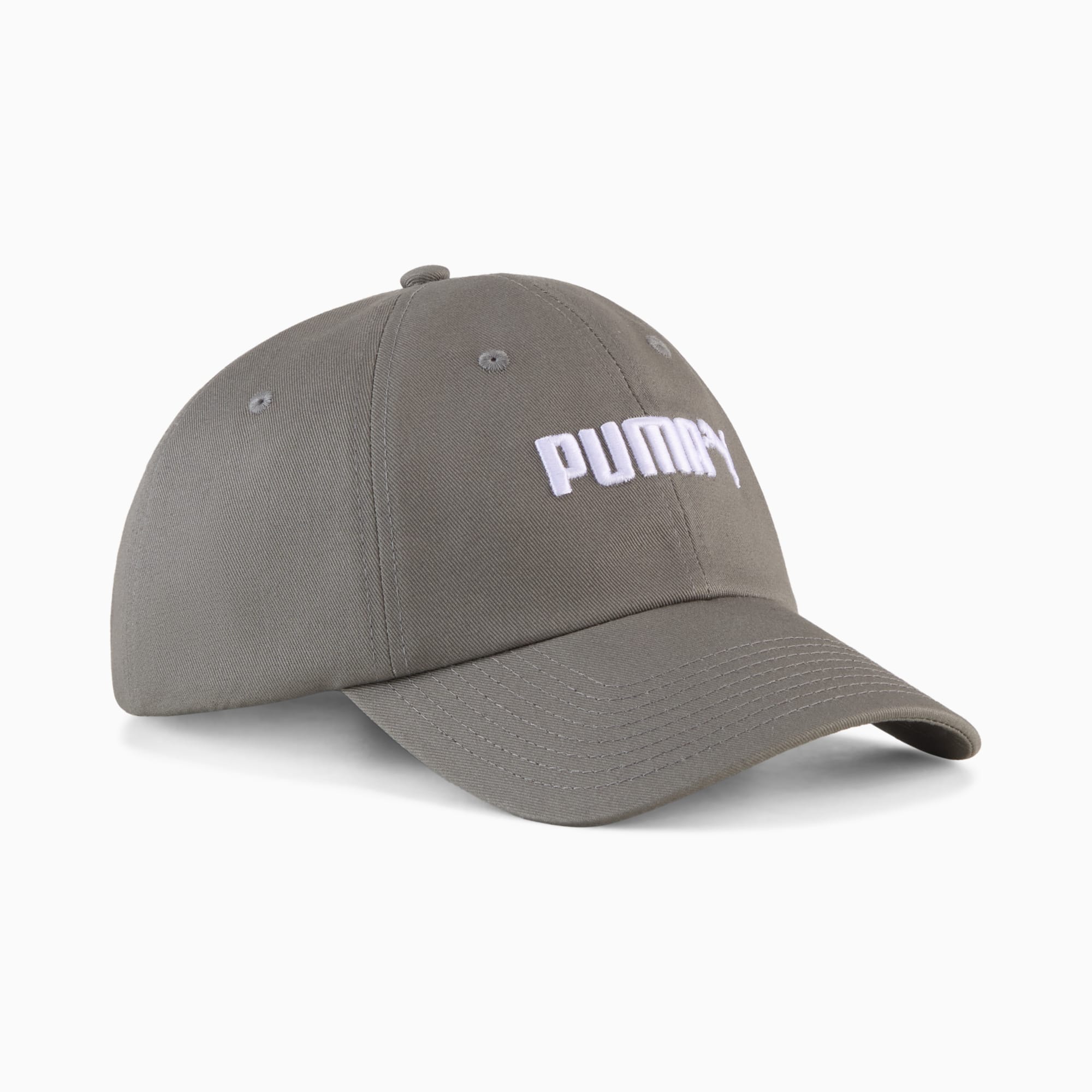 Casquette PUMA grise avec visière courbée et logo blanc sur le devant.