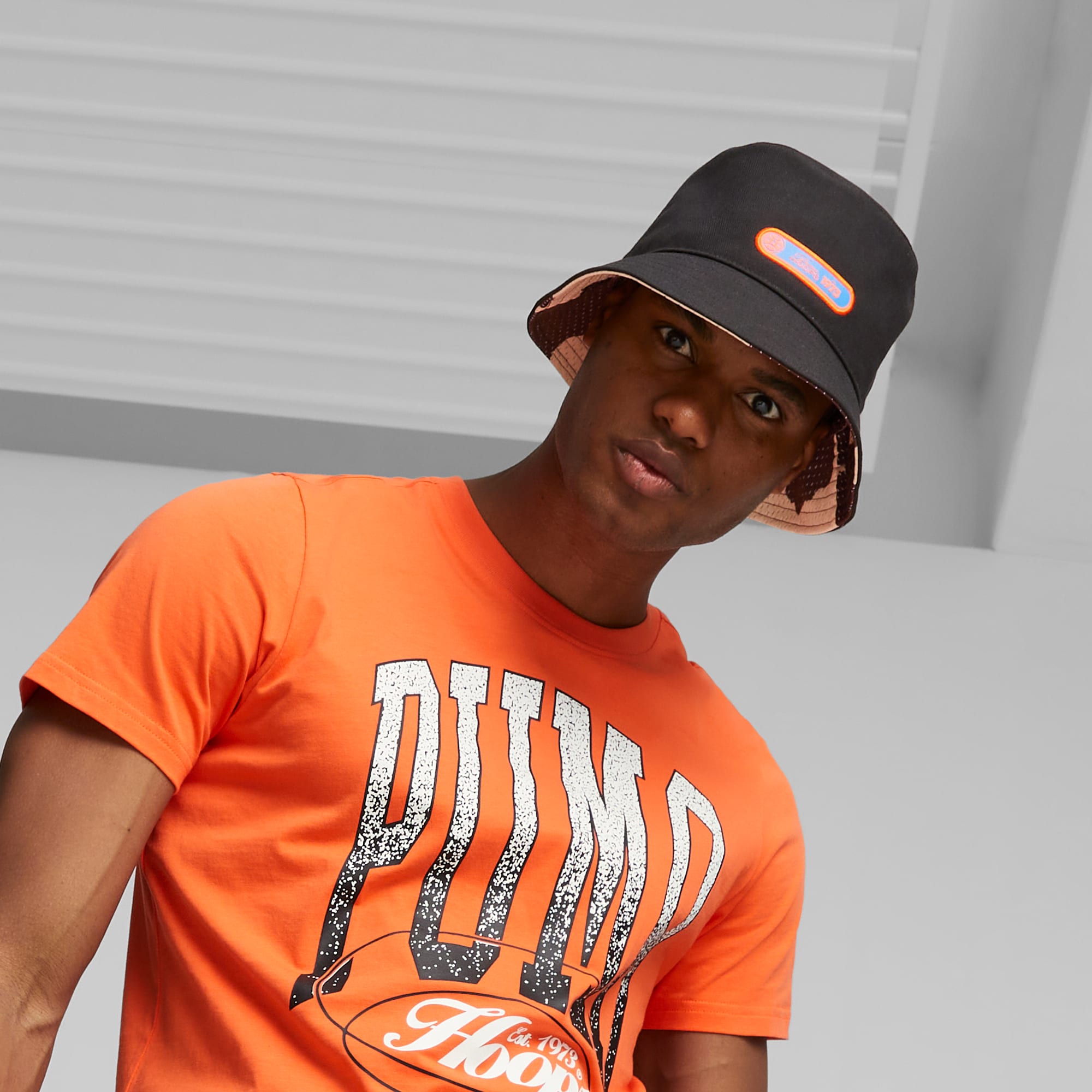 Black and orange bucket hat top