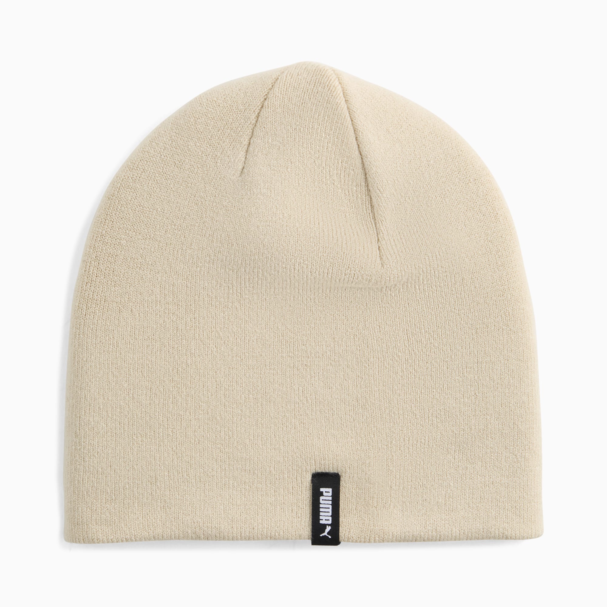 Beige PUMA beanie muts voor volwassenen met een omgeslagen rand en klein logo label.