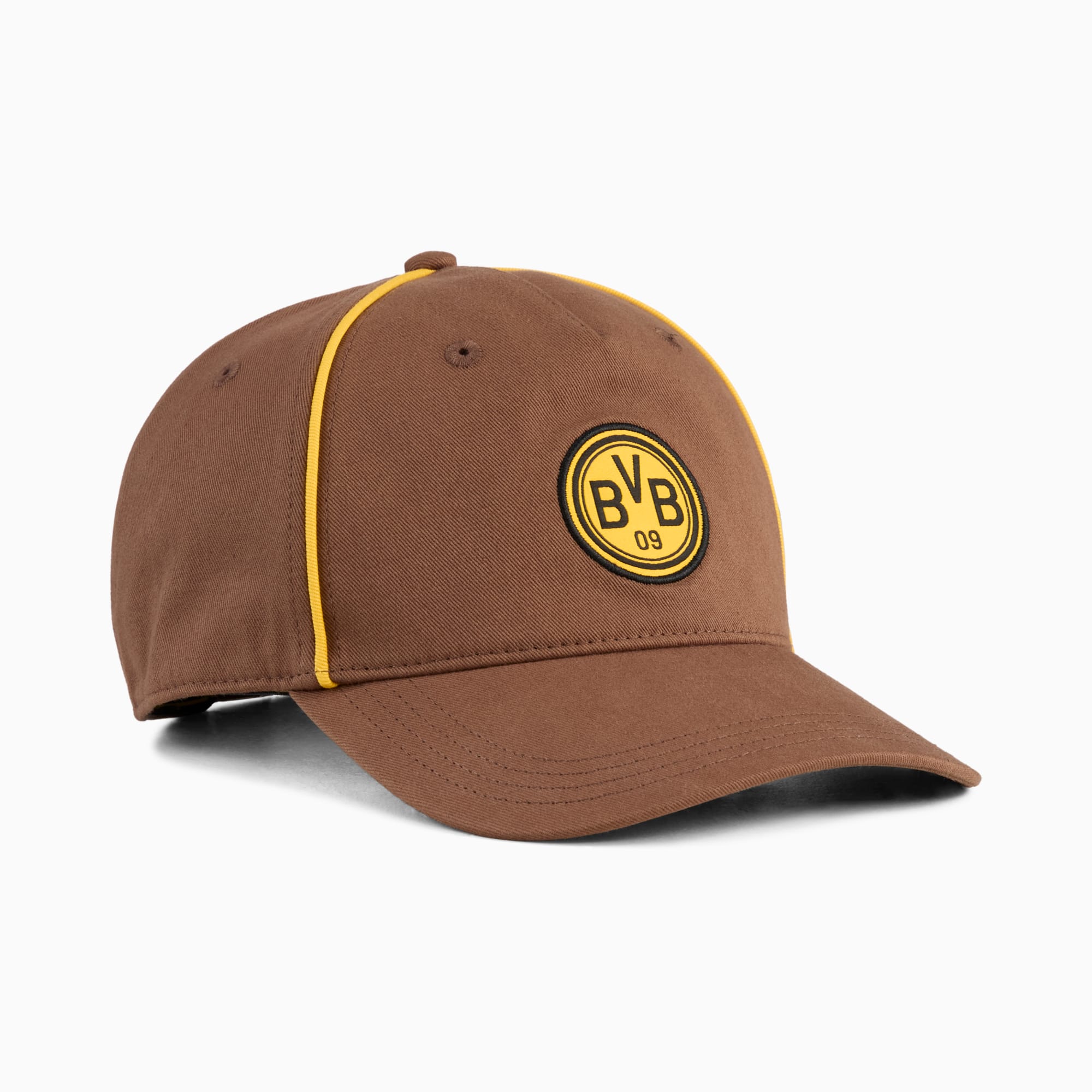 Casquette PUMA marron avec bordure jaune et logo 'BVB 09' sur le devant.