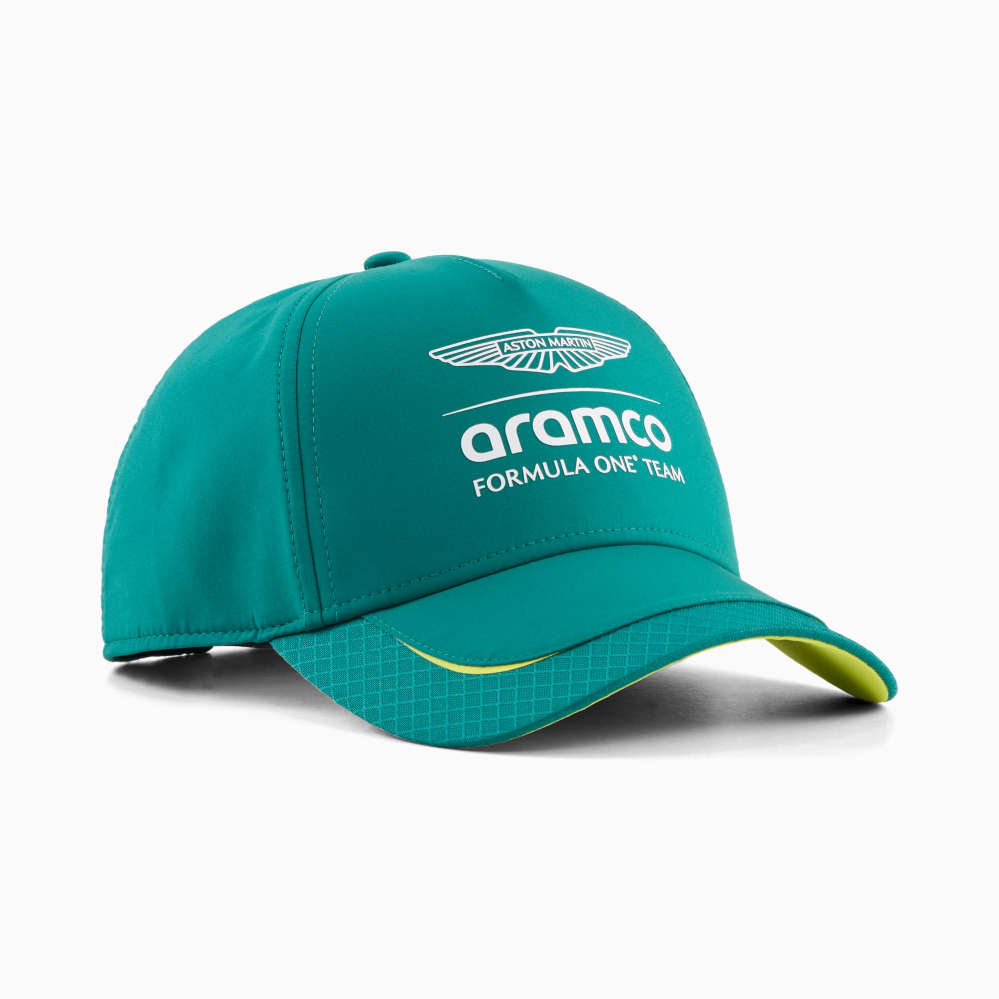 Zielona czapka PUMA z logo Aston Martin i Aramco Formula One Team.