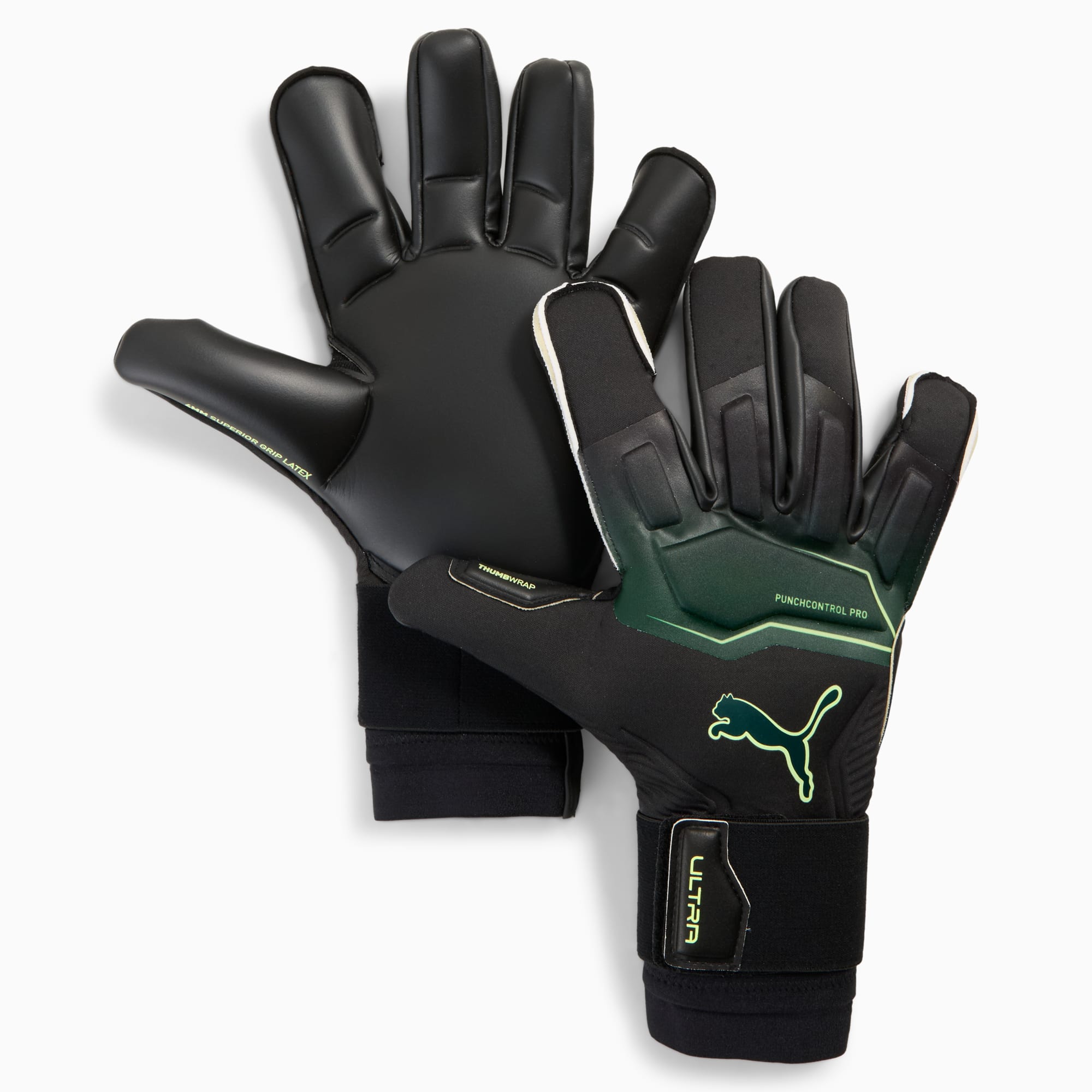 Gants PUMA noirs avec accents verts, 'Punchcontrol Pro' et une dragonne.