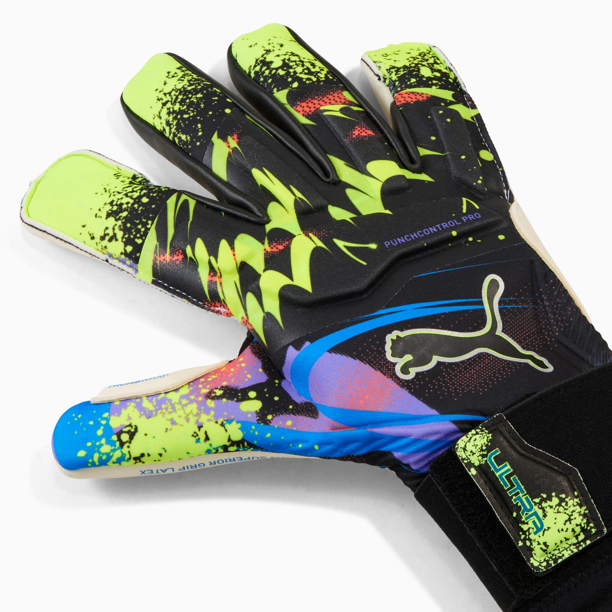 ULTRA Ultimate TEASER Hybrid Goalkeeper Gloves, PUMA Black-Luminous Purple-Lime Squeeze, large