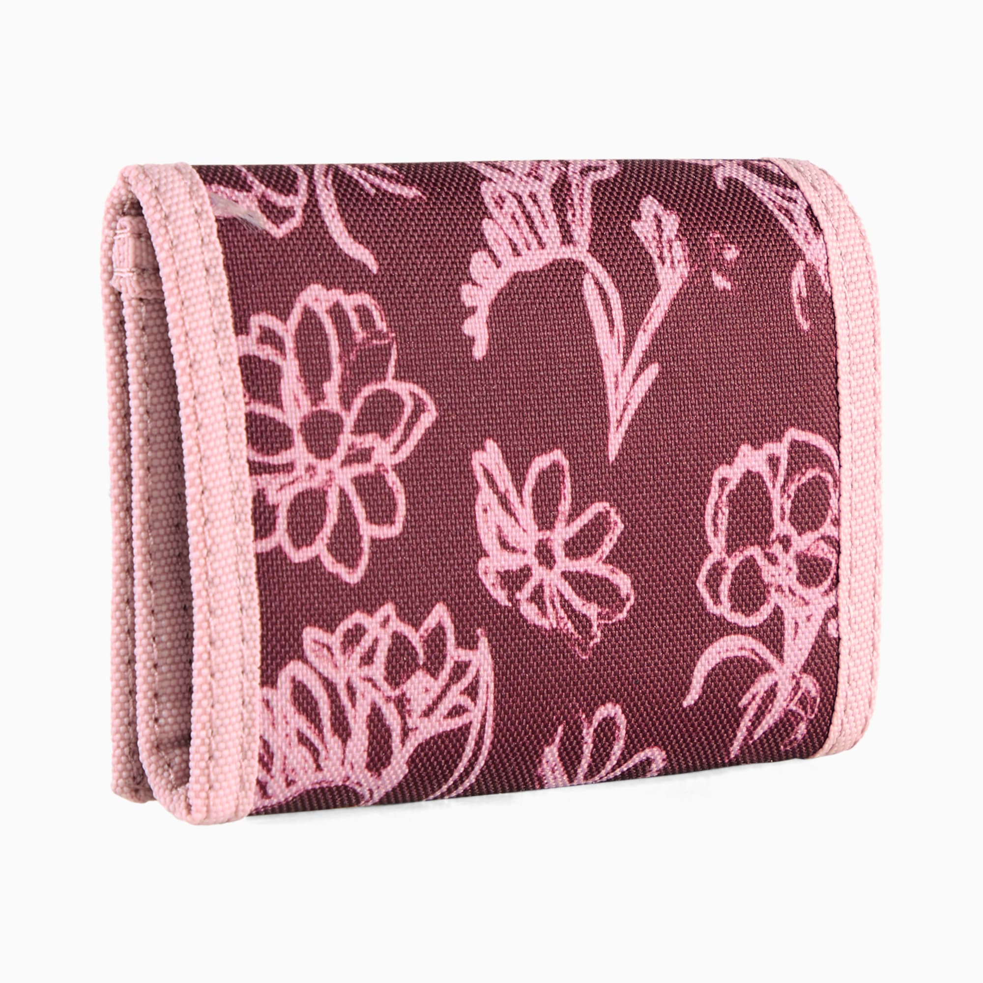 Portefeuille PUMA bordeaux avec bordure rose et motif floral.