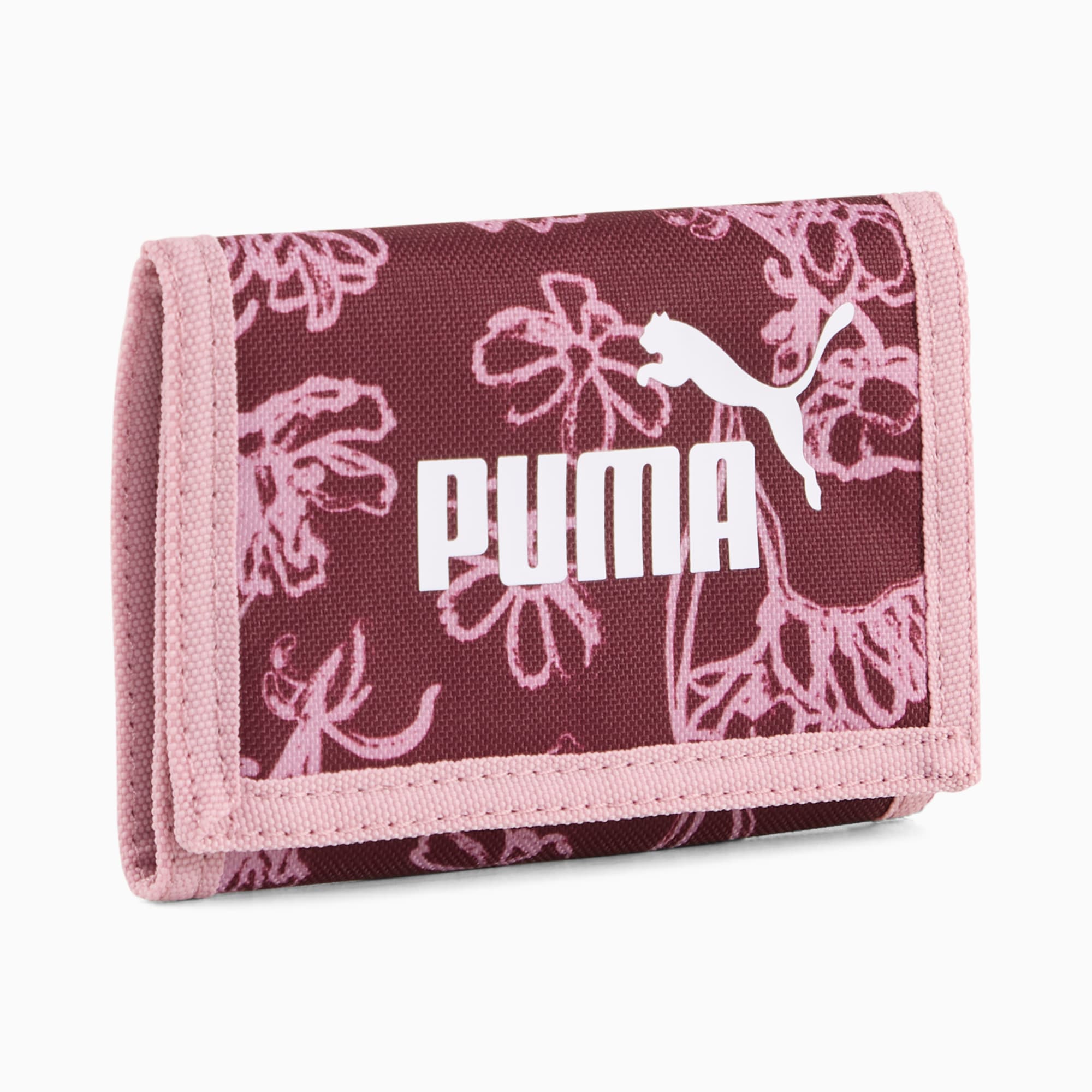 Portefeuille PUMA &agrave; fleurs, bordure rose et logo blanc.
