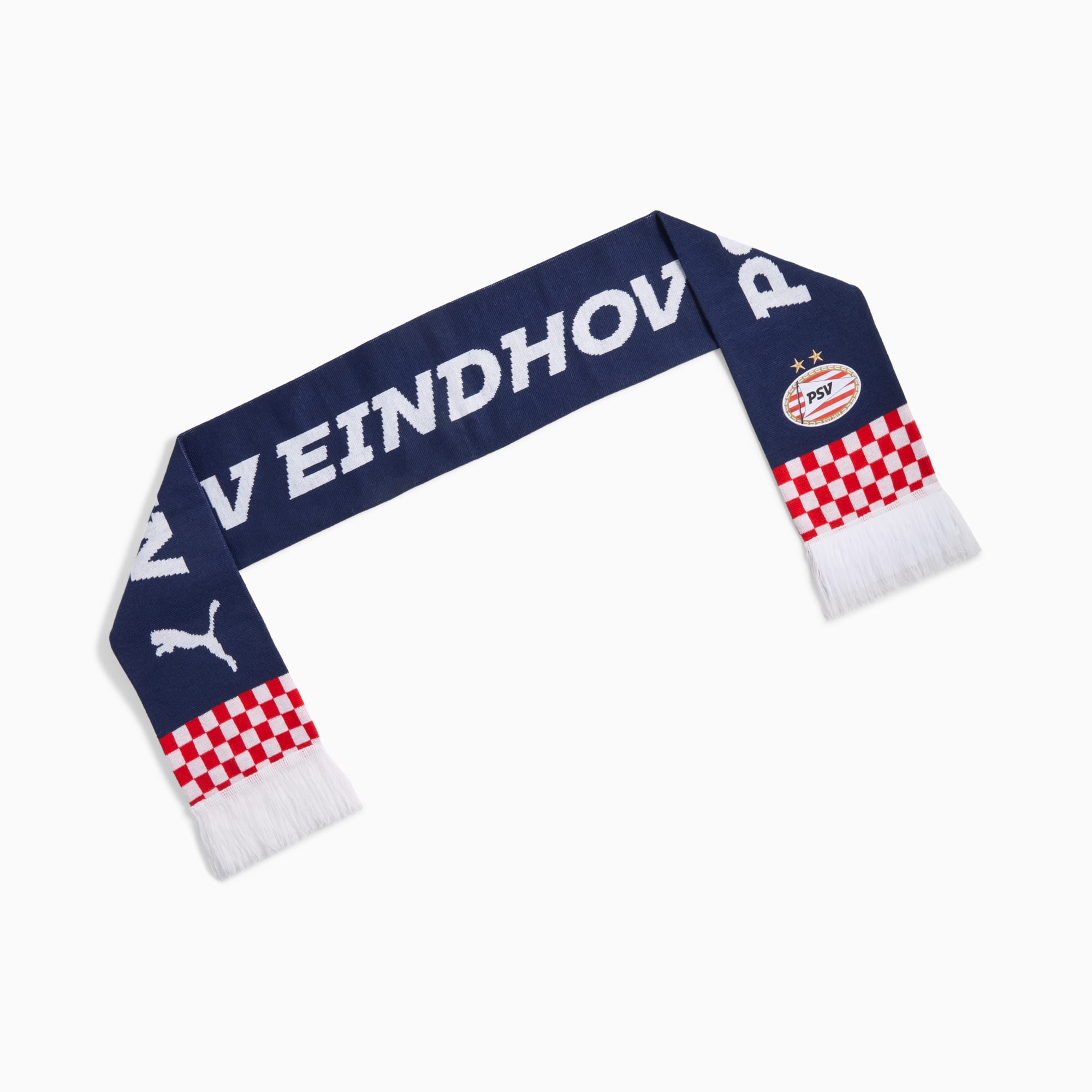 Écharpe PUMA marine avec texte blanc 'VEINDHOV', logo PSV, motif à carreaux et franges.