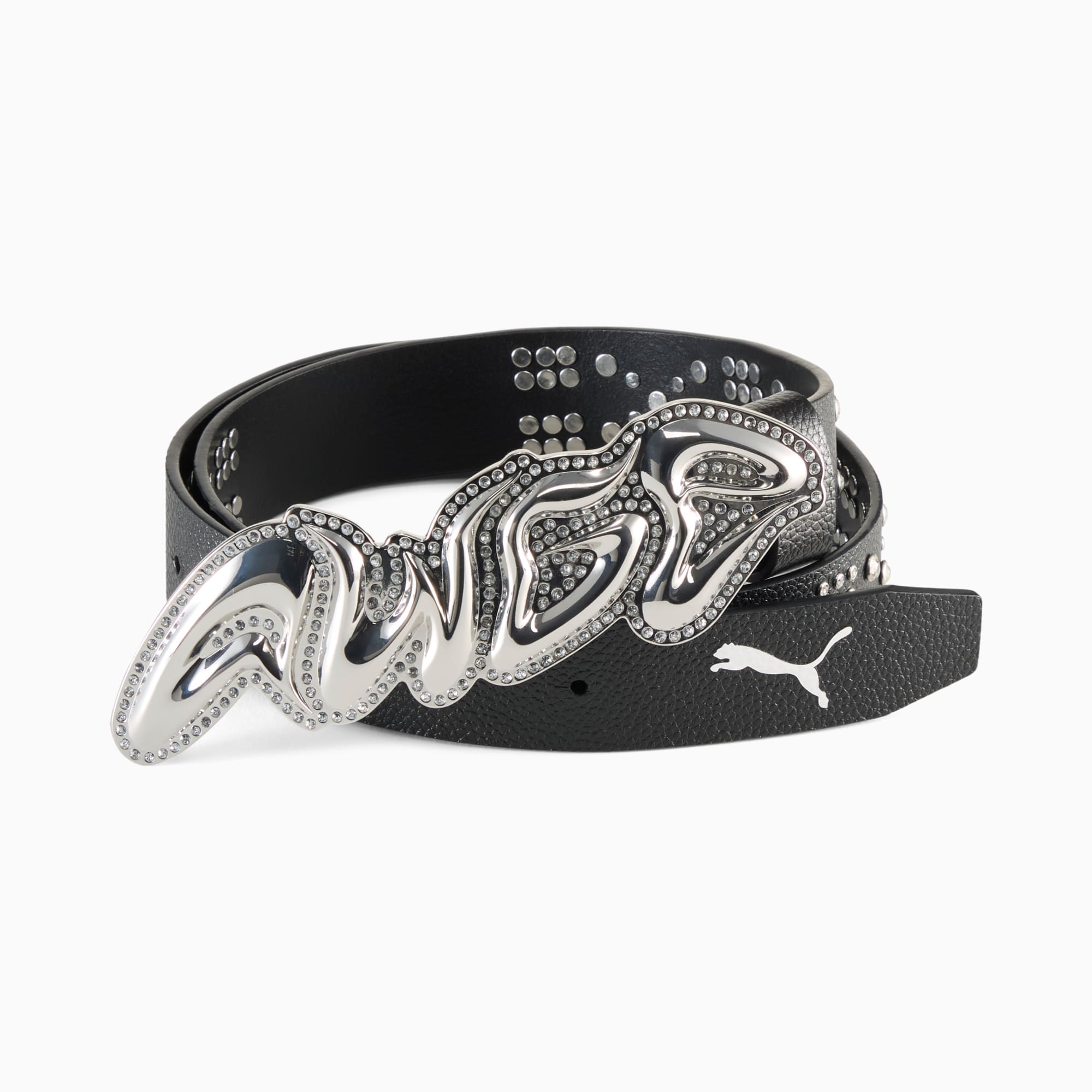 Zwarte PUMA riem voor volwassenen met decoratieve zilveren gesp en Puma-logo.