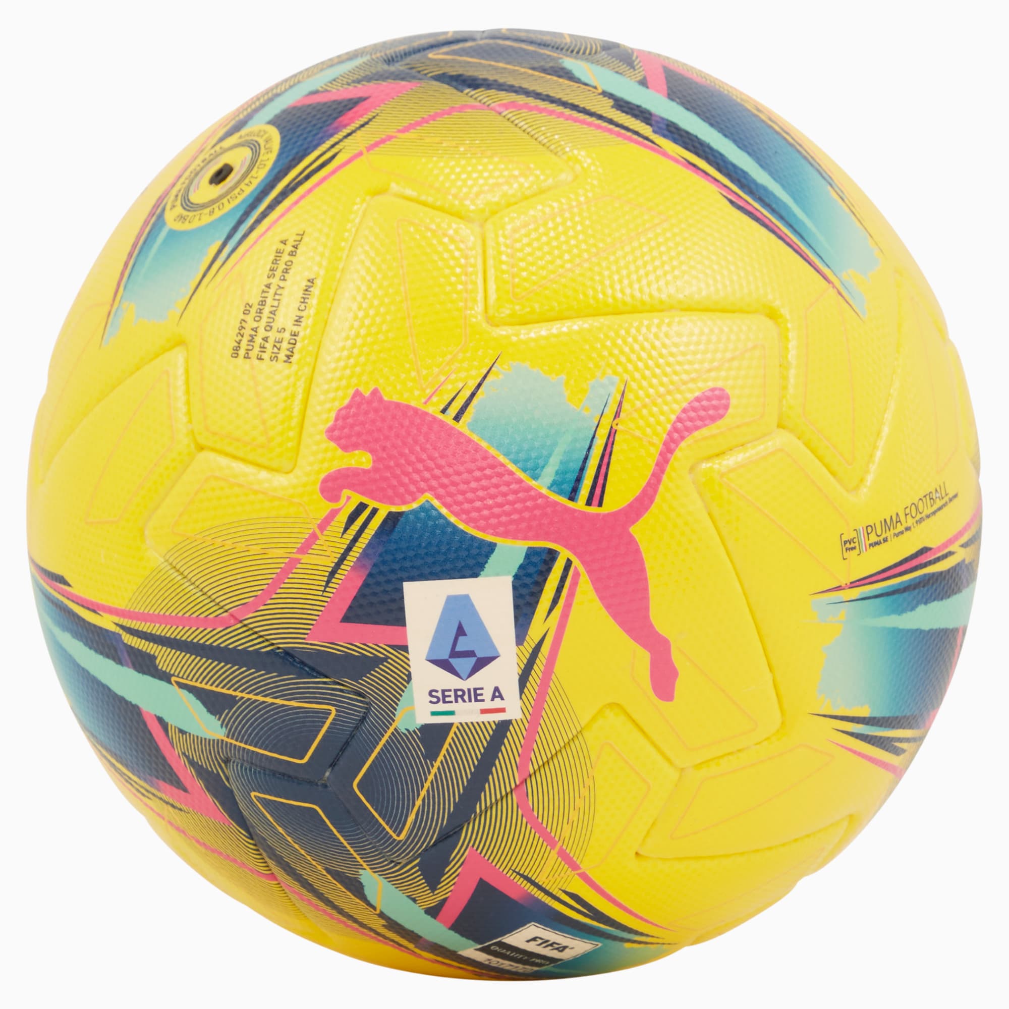 Pallone da calcio PUMA giallo con logo rosa e grafica Serie A.